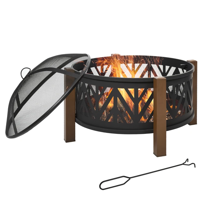 Outsunny 31" Outdoor Fire pit, 2-in-1 Wood Burning Fire Pit Brazier with Lid, BBQ Grill, Poker for Backyard, Camping, Black