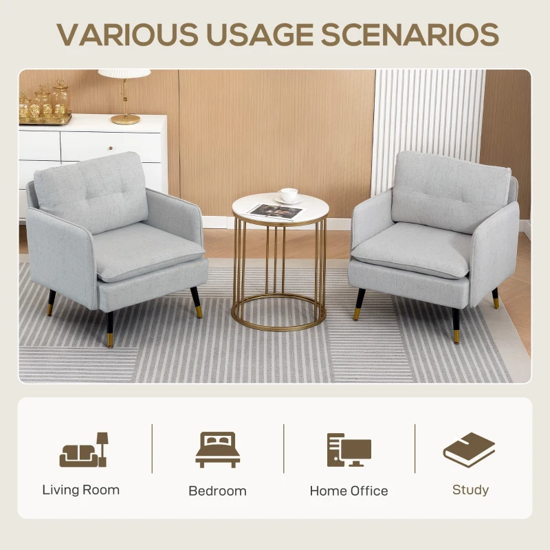 HOMCOM Accent Chairs Set of 2, Upholstered Armchairs with Tufted Back Cushion and Steel Legs for Living Room, Bedroom