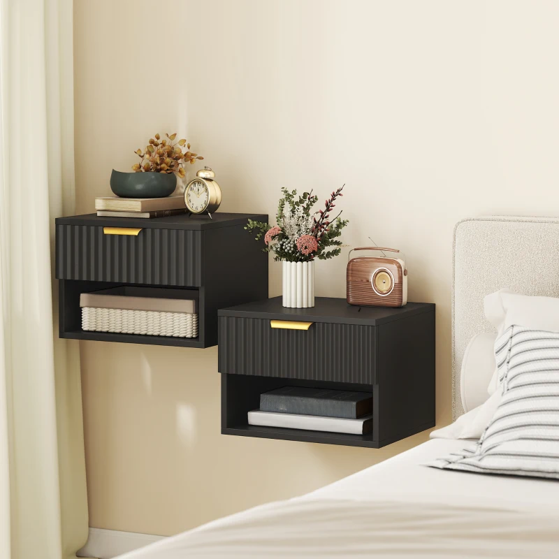HOMCOM Floating Nightstands, Wall Mounted Bedside Tables Set of 2 with Drawer and Open Shelf, Black