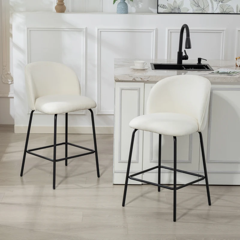 HOMCOM Set of 2 Counter Height Barstools, Upholstered Linen Bar Stools with Backrest, Footrest and Steel Legs, Cream White