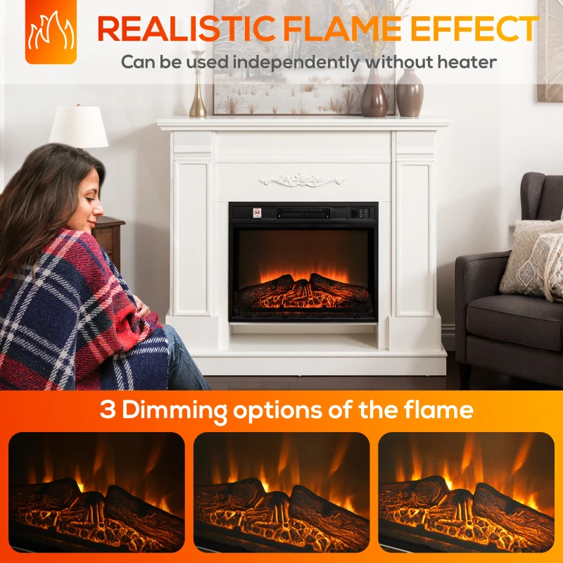 HOMCOM 46" Electric Fireplace with Mantel and Shelf, 1400W Fireplace Heater with Realistic Log and Flame Effect, White