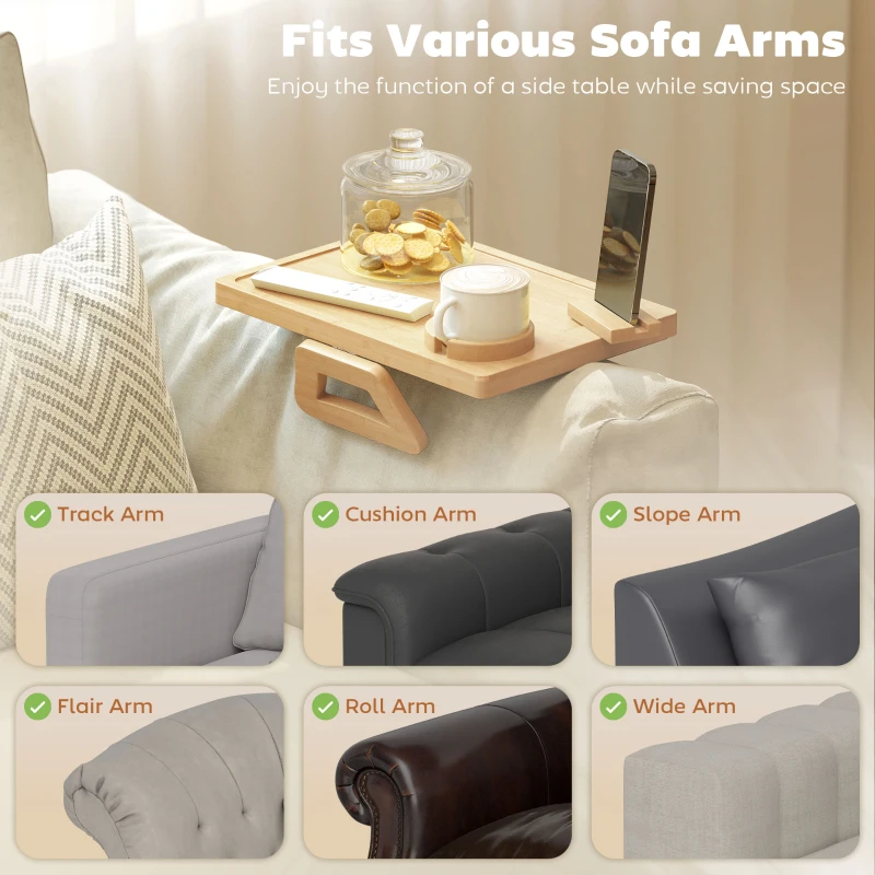 HOMCOM Couch Arm Tray, Clip-On Side Table with 360° Rotating Phone Holder and Removable Cup Holder, Natural