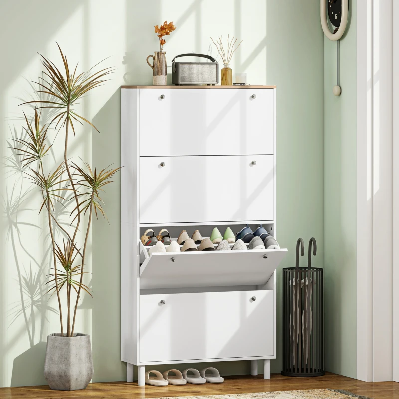 HOMCOM Narrow Shoe Cabinet with 4 Flip Drawers, Shoe Storage Cabinet with Adjustable Shelves, Holds 24–32 Pairs, White