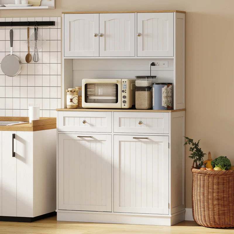 HOMCOM 68" Pantry Cabinet with Charging Station, Storage Cabinet with Microwave Stand, 10 Gallon Trash Can Cabinet, White