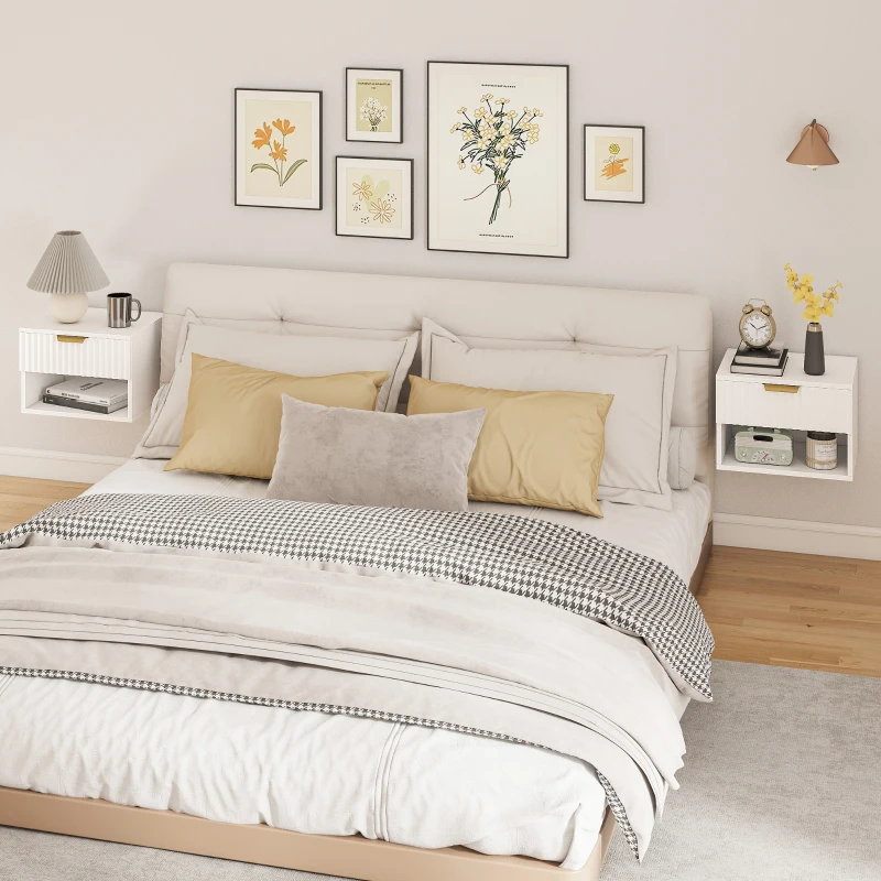 HOMCOM Floating Nightstands, Wall Mounted Bedside Tables Set of 2 with Drawer and Open Shelf, White