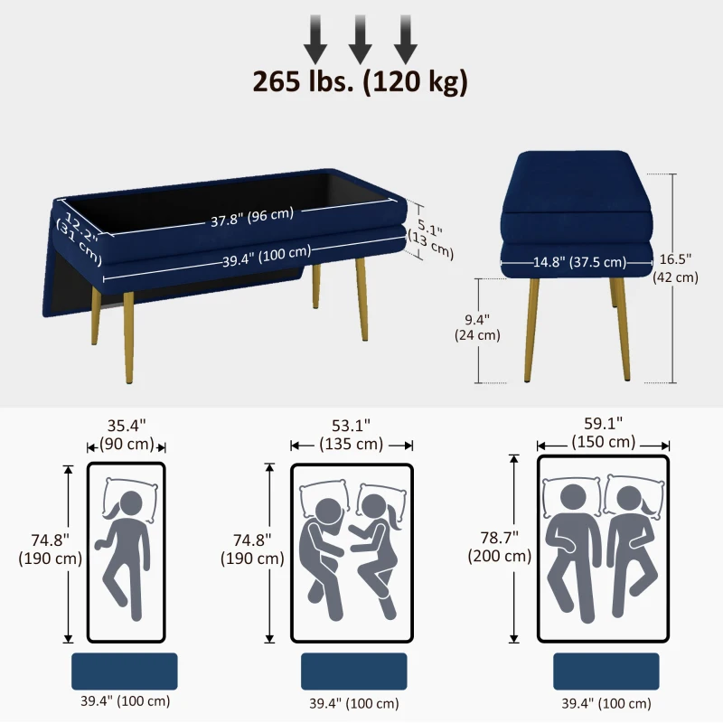 HOMCOM 39" Storage Ottoman, Velvet End of Bed Bench with Steel Legs, Foot Stool with Storage for Bedroom, Living Room