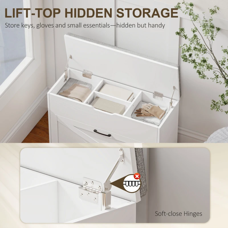 HOMCOM Shoe Storage Bench with Flip Drawer and Lift Top Storage, Entryway Bench with Seat Cushion for Hallway, White