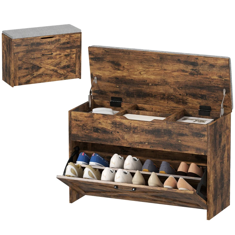 HOMCOM Shoe Storage Bench with Flip Drawer and Lift Top Storage, Entryway Bench with Seat Cushion for Hallway, Rustic Brown