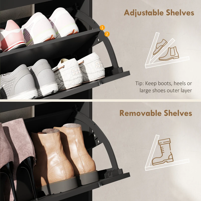 HOMCOM Narrow Shoe Cabinet for Entryway with 2 Flip Drawers, Top Drawer and Adjustable Shelves for 12 Pairs of Shoes, Black