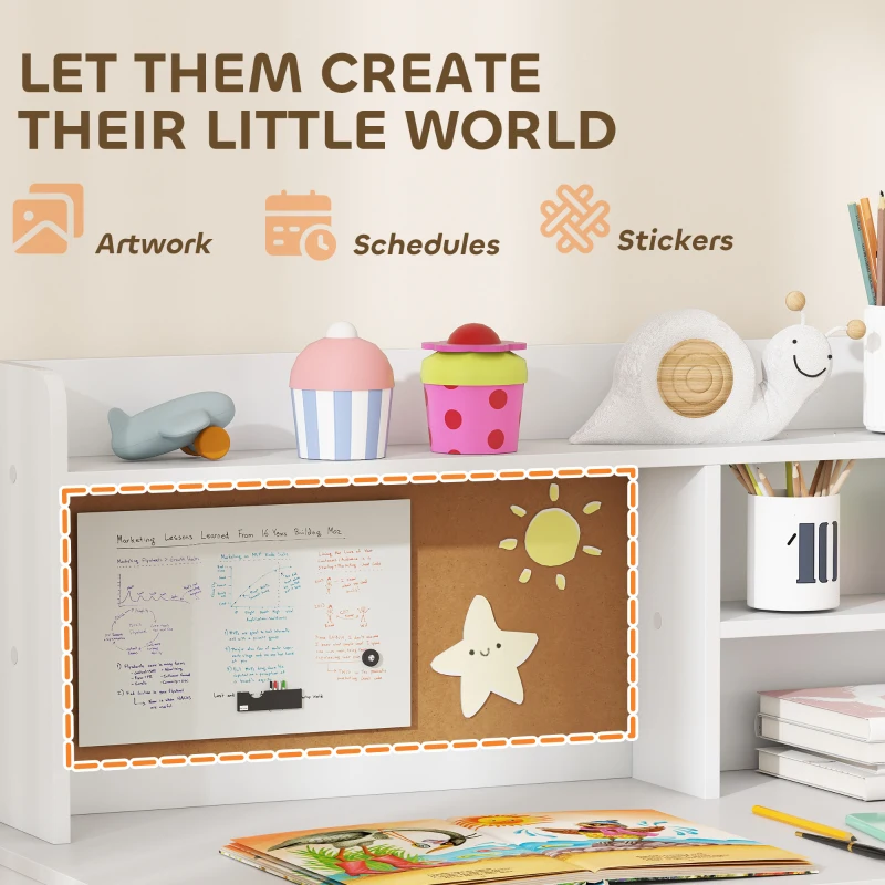 Qaba Kids Desk and Chair Set, Kids Study Table and Chair Set with Storage Hutch, Drawer, Cabinet, Compartments, Cork Board