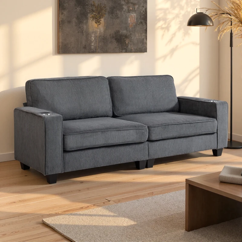 HOMCOM Three Seater Sofa, Fabric 3 Seater Couch with Spring Cushion and Cup Holders for Living Room, Bedroom, Dark Grey