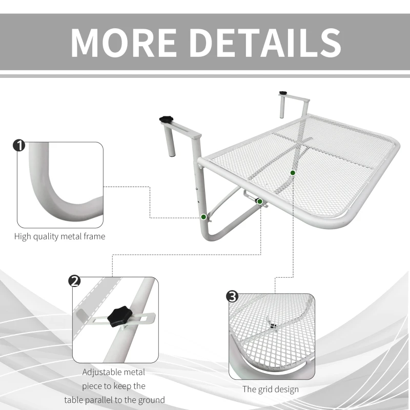 Outsunny Adjustable Balcony Hanging Railing Table, Metal Mounting Mini Wall Desk Storage Rack, Outdoor Flower Stand Serving Table Rectangle, White