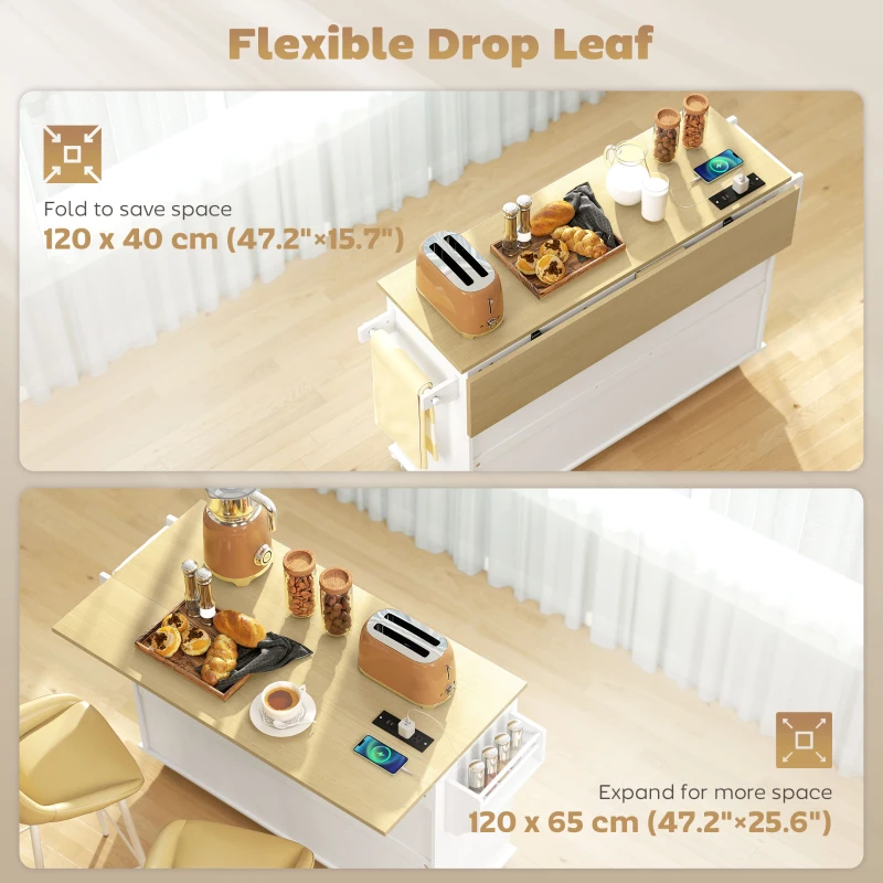 HOMCOM Kitchen Island Cart with Power Outlet & Drop Leaf, 55" Rolling Kitchen Island on Wheels with Storage, White