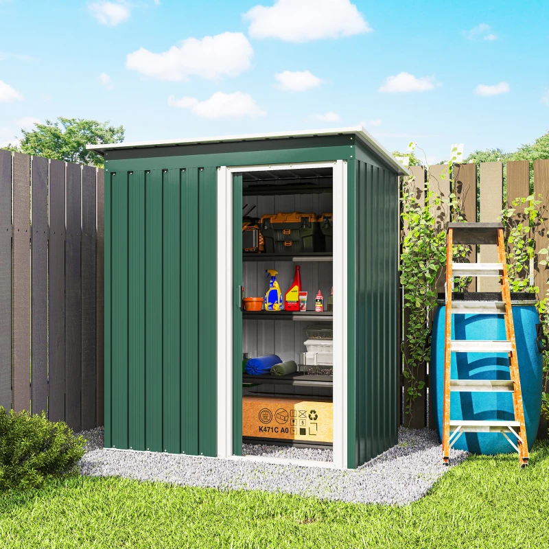 Outsunny 5 x 3 FT Outdoor Storage Shed with Sliding Door and Sloped Roof, Steel Frame Garden Shed Tool Equipment, Green