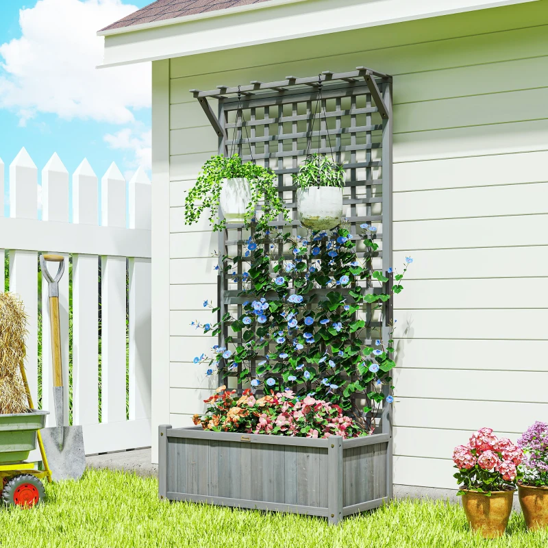 Outsunny Wood Planter with Trellis for Vine Climbing, Raised Garden Bed, Privacy Screen for Backyard, Patio, Deck, Dark Grey