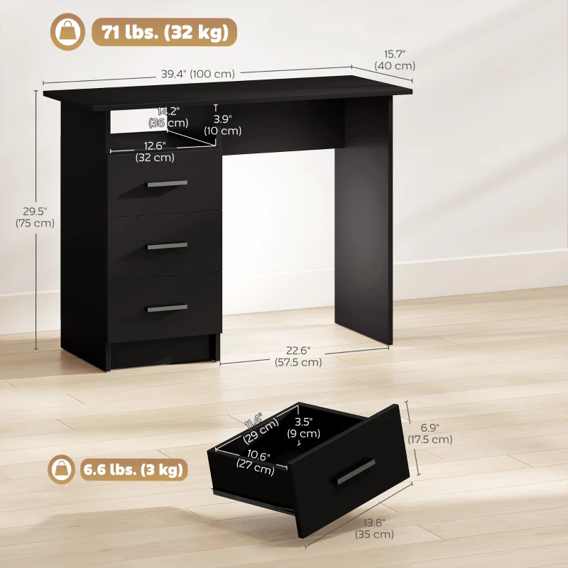 HOMCOM Computer Desk with Storage, 39" Home Office Desk with 3 Drawers nad Open Shelf, Writing Table for Bedroom, Black