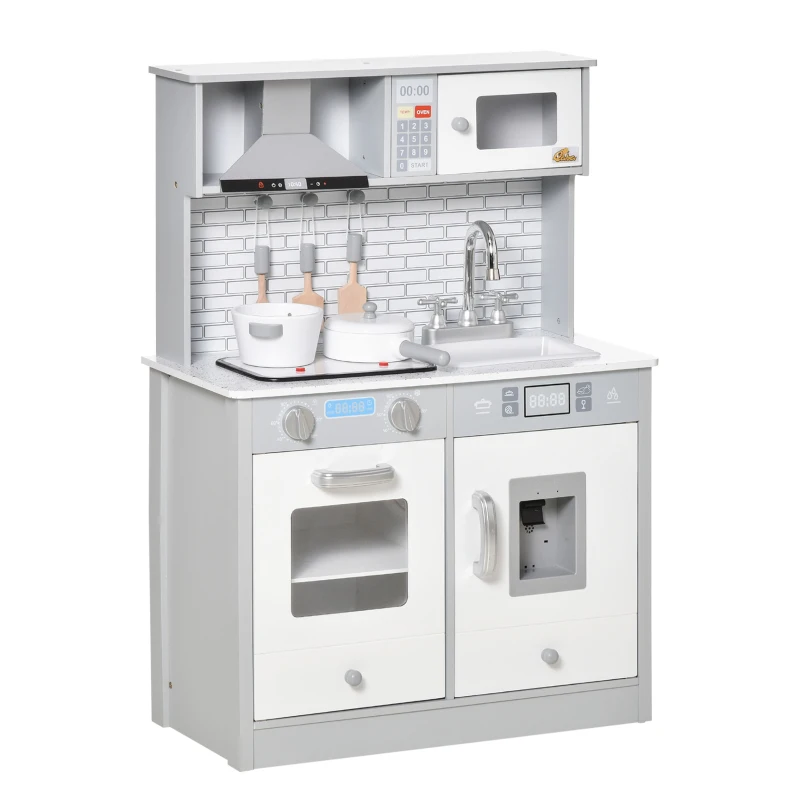 Qaba Kids Kitchen Play Cooking Toy Set, Educational Pretend Role Playset Game with Sound & Light Effect, Battery Operated Cooktop, Ice Machine for 3-6 Years, Grey