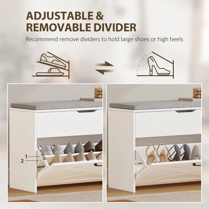 HOMCOM Shoe Storage Bench with Flip Drawer and Lift Top Storage, Entryway Bench with Seat Cushion for Hallway, White