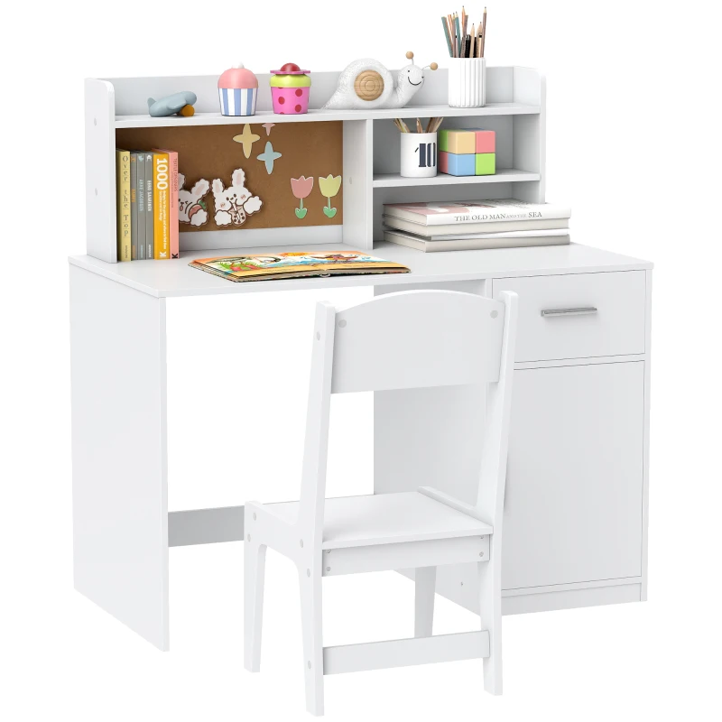 Qaba Kids Desk and Chair Set, Kids Study Table and Chair Set with Storage Hutch, Drawer, Cabinet, Compartments, Cork Board