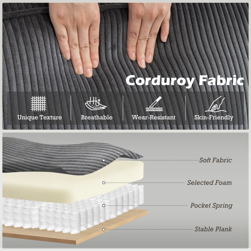 HOMCOM Three Seater Sofa, Fabric 3 Seater Couch with Spring Cushion and Cup Holders for Living Room, Bedroom, Dark Grey