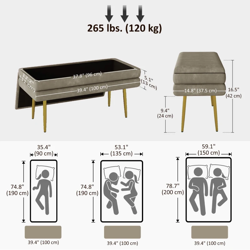 HOMCOM 39" Storage Ottoman, Velvet End of Bed Bench with Steel Legs, Foot Stool with Storage for Bedroom, Living Room, Beige