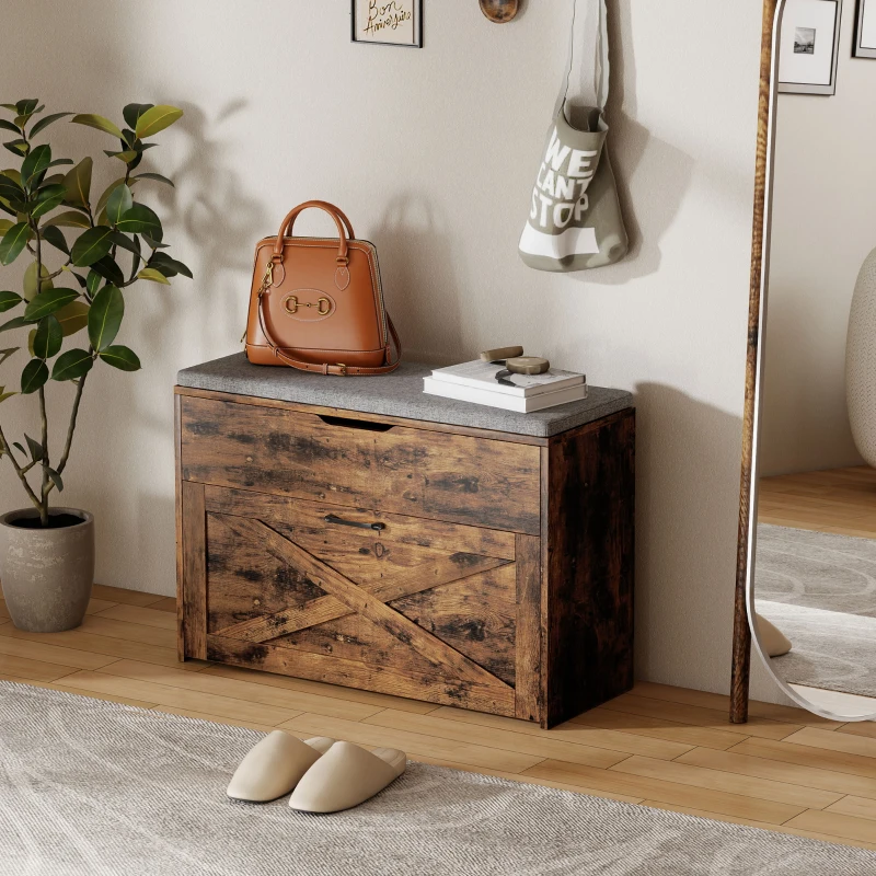 HOMCOM Shoe Storage Bench with Flip Drawer and Lift Top Storage, Entryway Bench with Seat Cushion for Hallway, Rustic Brown