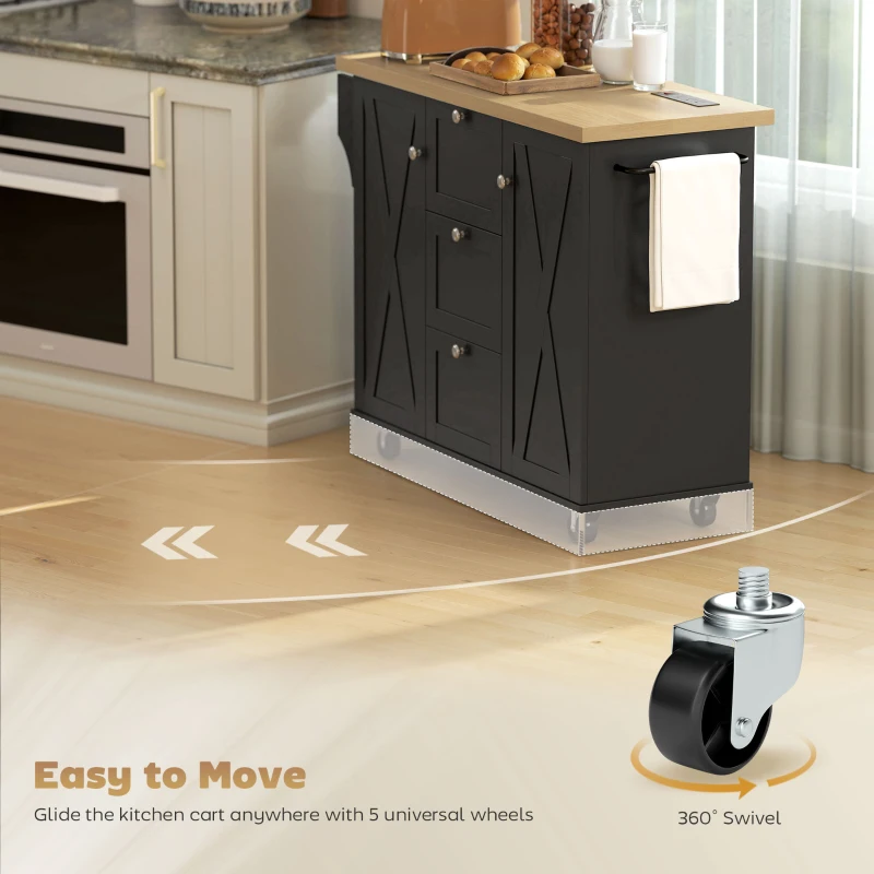 HOMCOM Farmhouse Kitchen Island Cart with Power Outlet and Soft-Close Doors, 49" Kitchen Island with 3 Drawers, Black