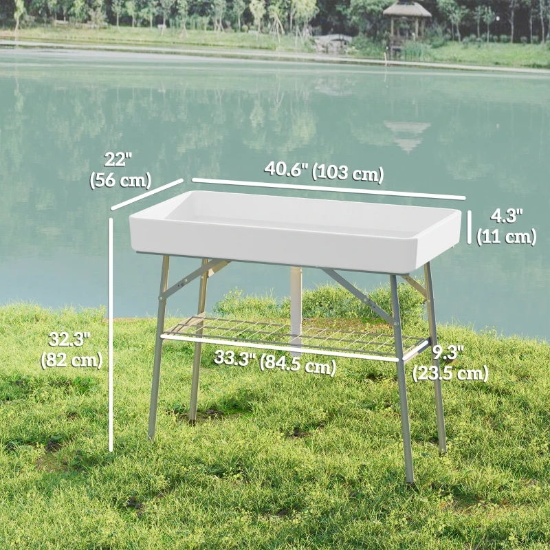 Outsunny 3.4ft Folding Ice Cooler Table with Drain, Outdoor Patio Party Cooler for Drinks, Fishing Cleaning Table with Storage Shelf for Picnic BBQ Camping Wedding, White