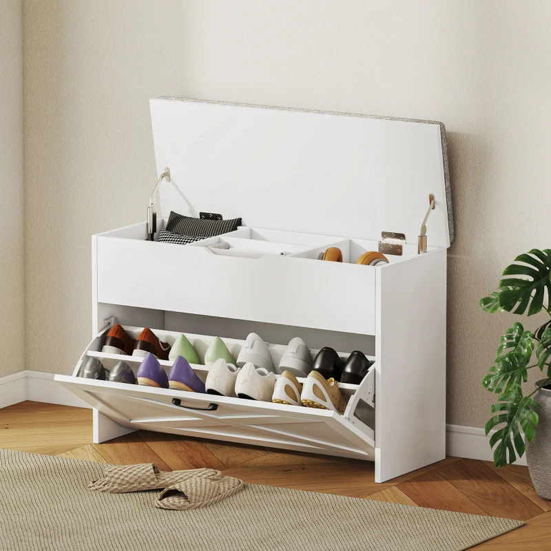 HOMCOM Shoe Storage Bench with Flip Drawer and Lift Top Storage, Entryway Bench with Seat Cushion for Hallway, White