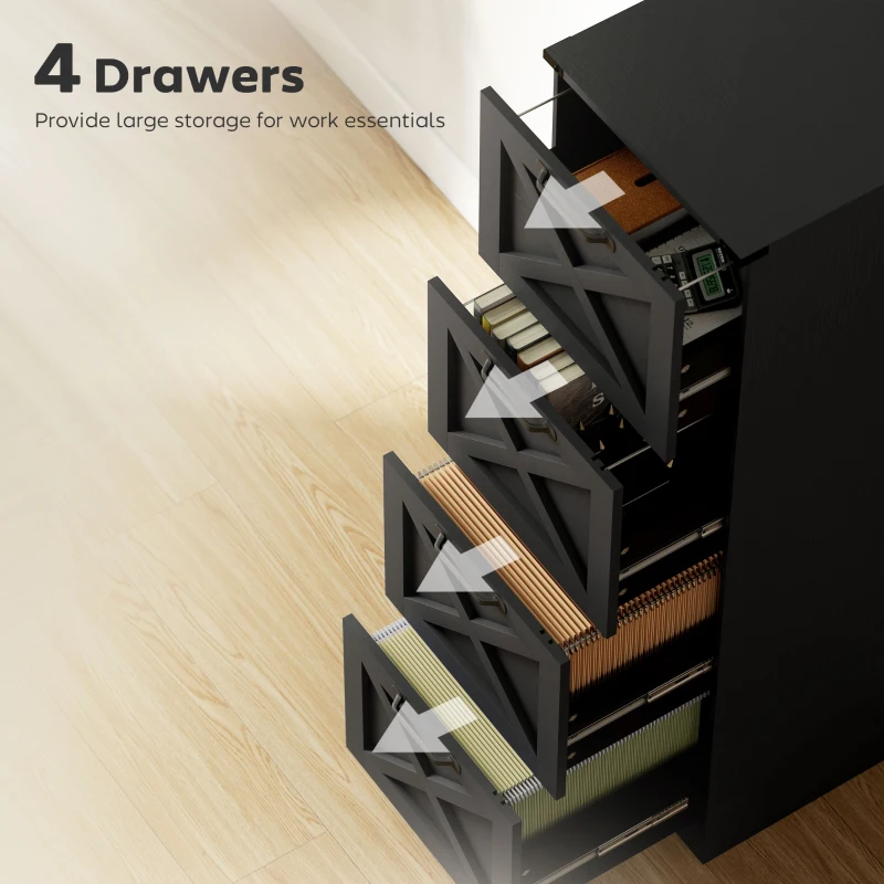 HOMCOM 4 Drawer File Cabinet with Silent Slides, Vertical Farmhouse Filing Cabinet Fits Letter/A4 Size Home Office, Black