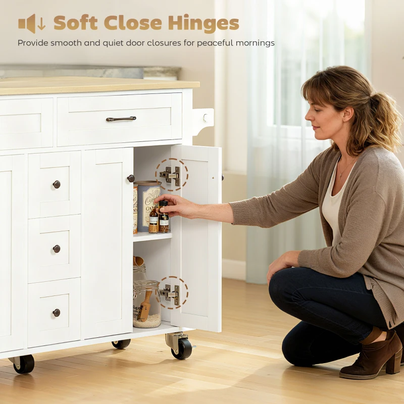 HOMCOM Kitchen Island Cart with Power Outlet & Drop Leaf, 55" Rolling Kitchen Island on Wheels with Storage, White