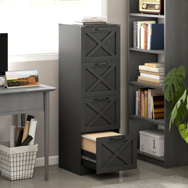 HOMCOM 4 Drawer File Cabinet with Silent Slides, Vertical Farmhouse Filing Cabinet Fits Letter/A4 Size Home Office, Black