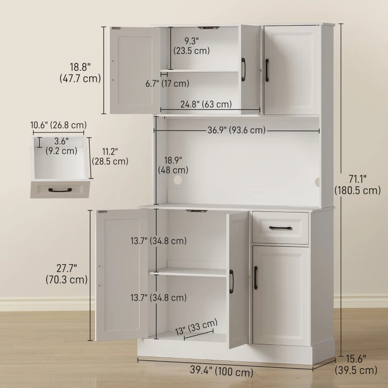 HOMCOM 71" Pantry Cabinet with Charging Station, Kitchen Storage Cabinet with Microwave Stand, Adjustable Shelves, White