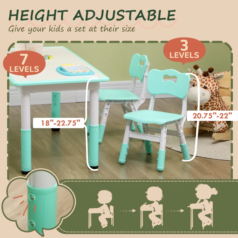 Qaba Kids Table and Chair Set with 4 Chairs, Adjustable Height, Easy to Clean, for 1.5 - 8 Years Old, Green