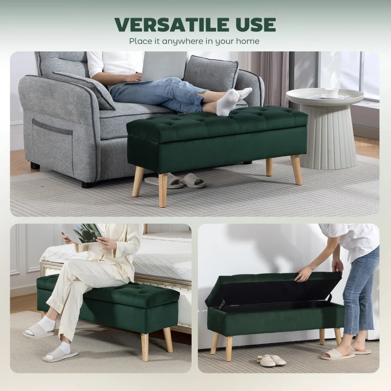 HOMCOM Storage Ottoman with Lid, Velvet Upholstered Storage Bench with Wood Legs for Living Room, Dark Green