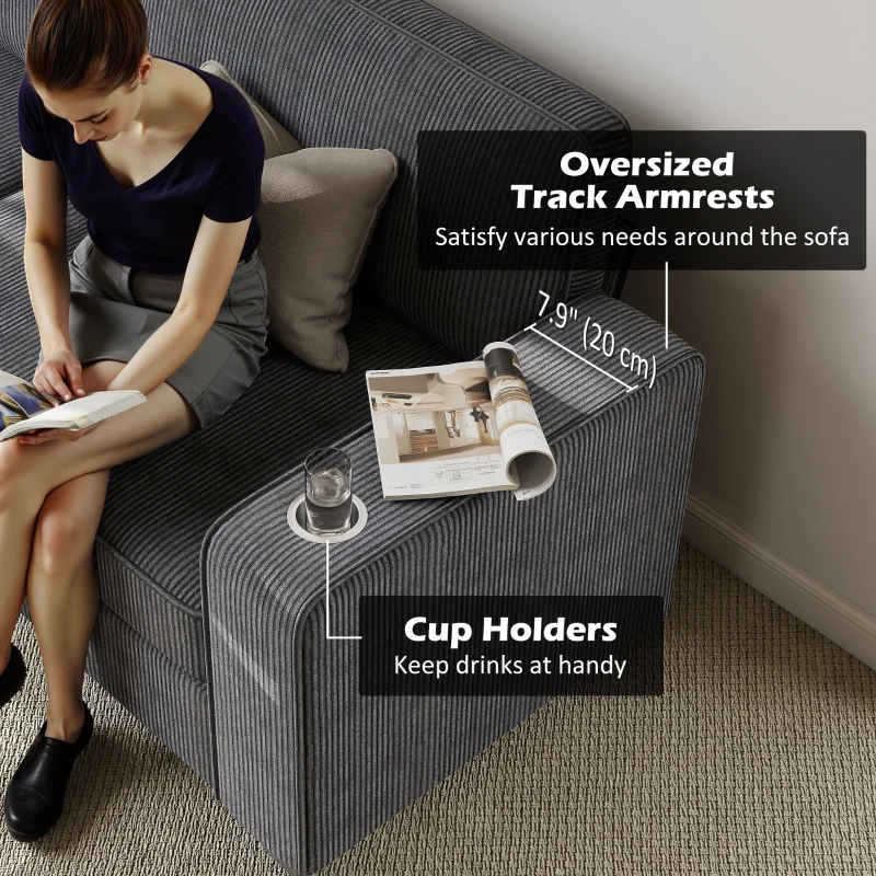 HOMCOM Three Seater Sofa, Fabric 3 Seater Couch with Spring Cushion and Cup Holders for Living Room, Bedroom, Dark Grey