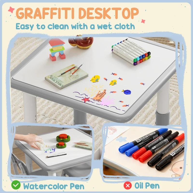 Qaba 3 Pieces Toddler Table and Chair Set, Height Adjustable Kids Table and Chair Set w/ Storage, for Playroom Grey