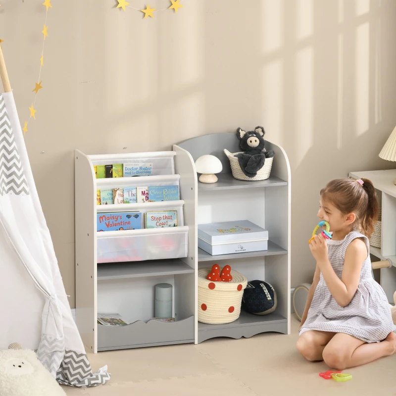 Qaba Kids Toy Storage Organizer Shelf, Children Bookshelf for Bedroom, Playroom, Nursery, Grey