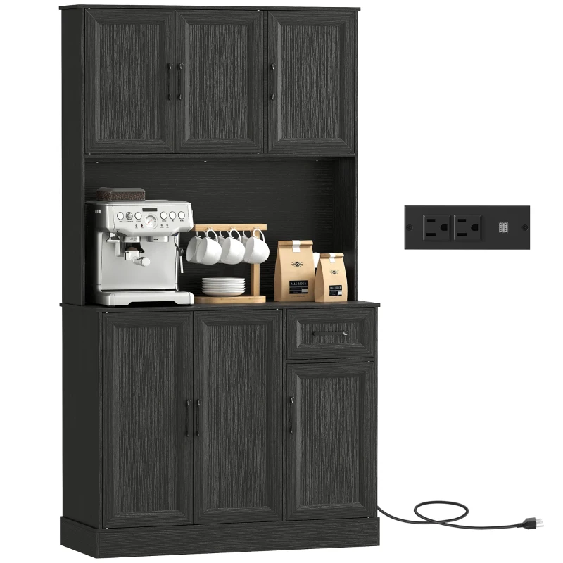 HOMCOM 71" Pantry Cabinet with Charging Station, Kitchen Storage Cabinet with Microwave Stand, Adjustable Shelves, Black