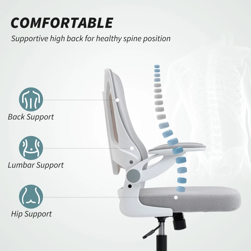 HOMCOM Ergonomic Office Chair, Swivel Desk Chair with Adjustable Lumbar Support and Height, Flip-up Armrests, Wheels, Grey