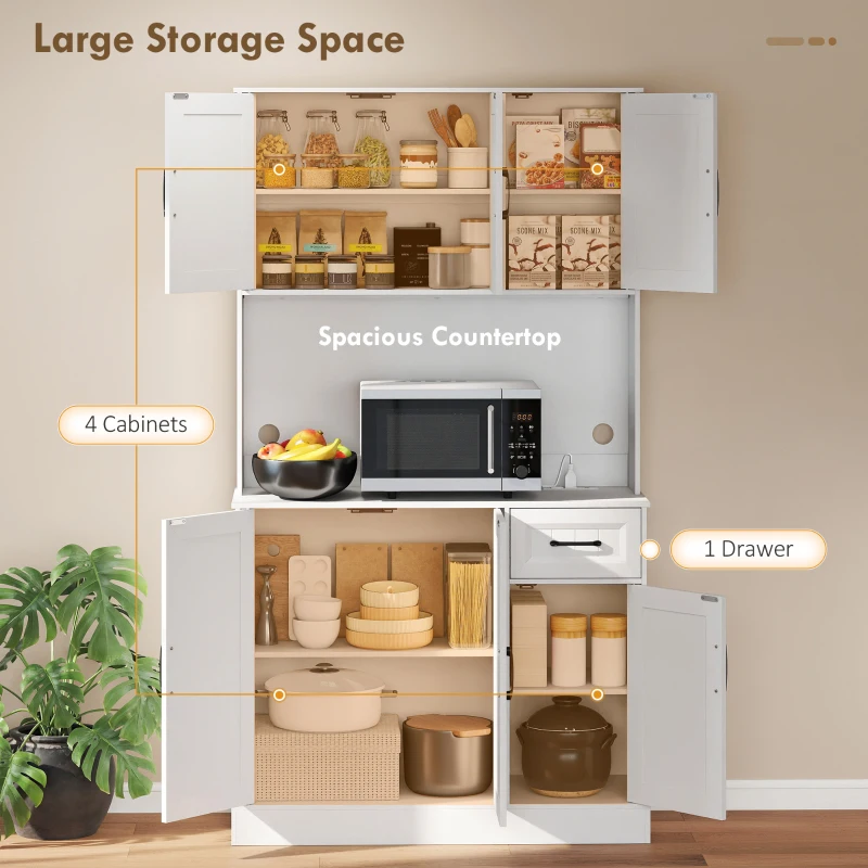 HOMCOM 71" Pantry Cabinet with Charging Station, Kitchen Storage Cabinet with Microwave Stand, Adjustable Shelves, White