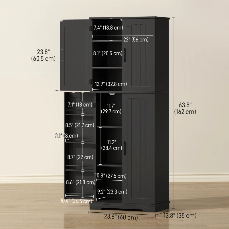 HOMCOM Tall Pantry Cabinet, 64" Storage Cabinet with Adjustable Shelves and 8 Door Spice Racks for Kitchen, Dining Room, Black