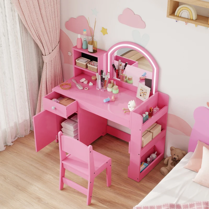 Qaba Kids Vanity Set, Toddler Dressing Table and Chair Set  with Lighted Mirror, Cabinet, Drawer and Shelves, Pink