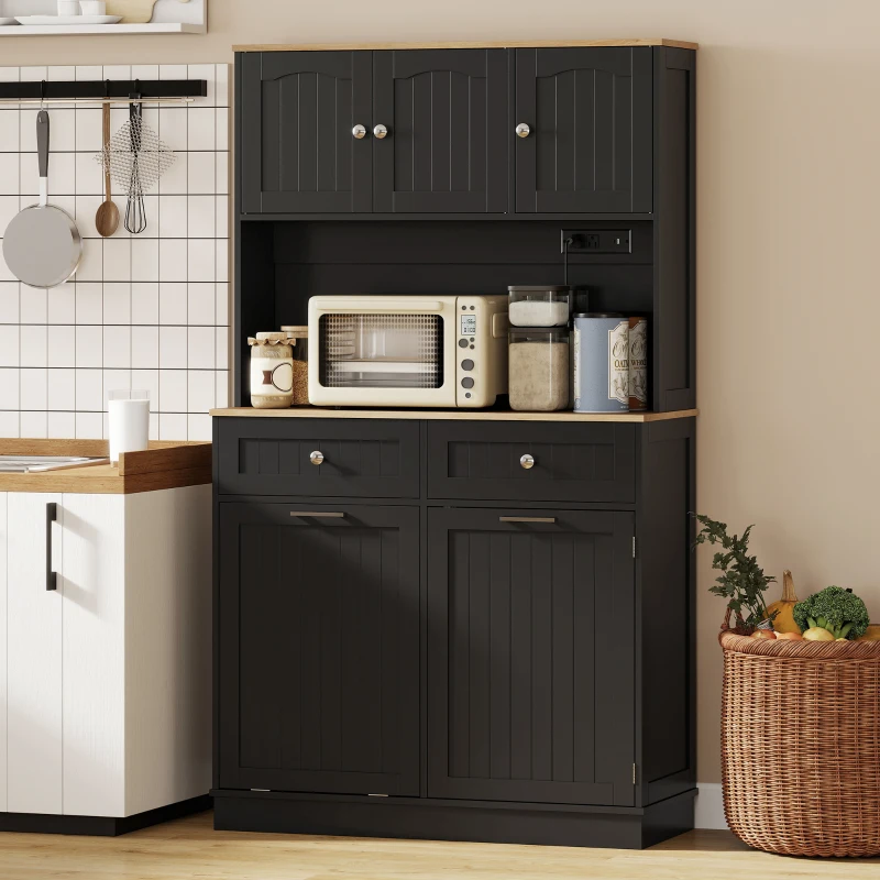 HOMCOM 68" Pantry Cabinet with Charging Station, Storage Cabinet with Microwave Stand, 10 Gallon Trash Can Cabinet, Black
