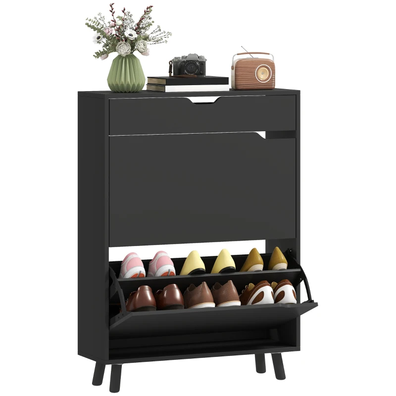 HOMCOM Narrow Shoe Cabinet for Entryway with 2 Flip Drawers, Top Drawer and Adjustable Shelves for 12 Pairs of Shoes, Black