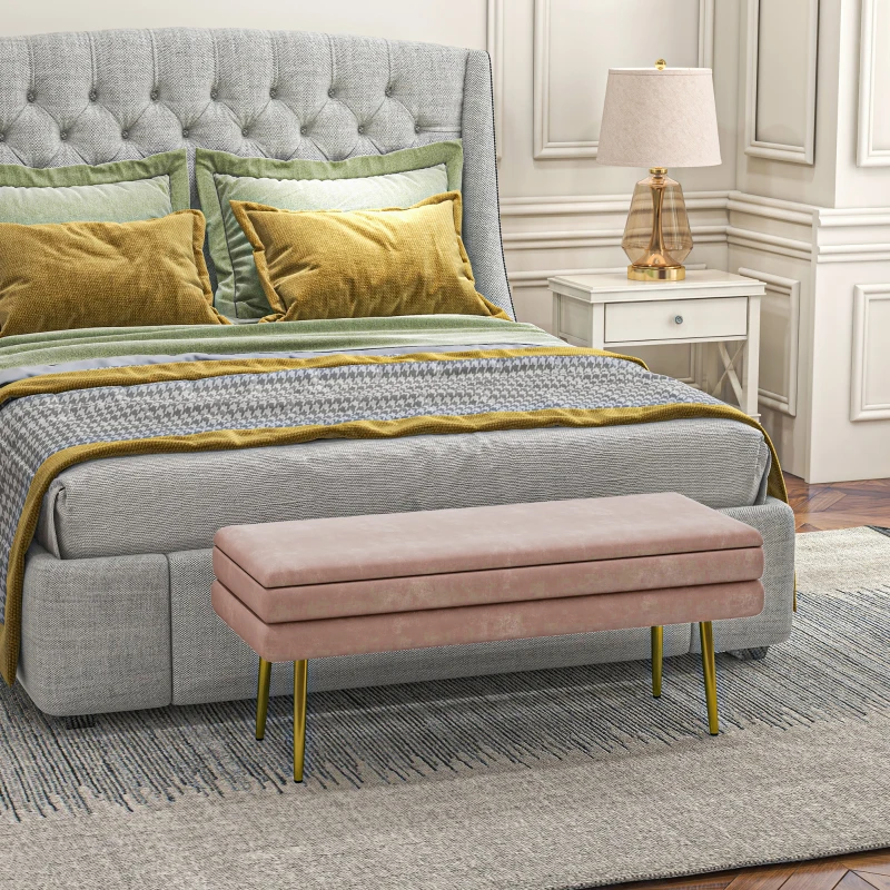 HOMCOM 39" Storage Ottoman, Velvet End of Bed Bench with Steel Legs, Foot Stool with Storage for Bedroom, Living Room, Pink