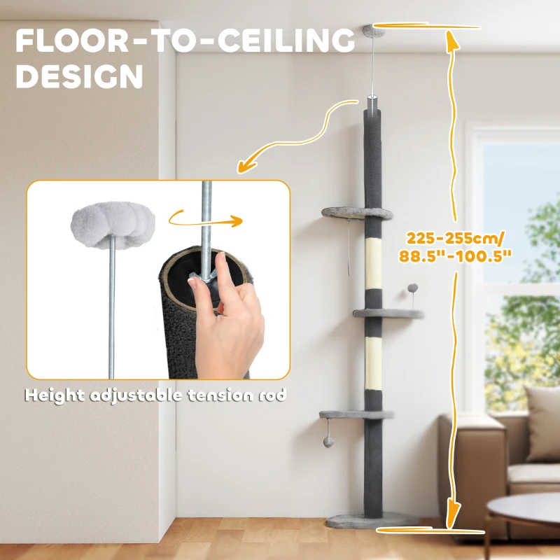 PawHut 88.5"-100.5" Floor to Ceiling Cat Tree, Cat Tower with Scratching Posts, Cloud Shaped Platforms, Dangling Balls, Grey