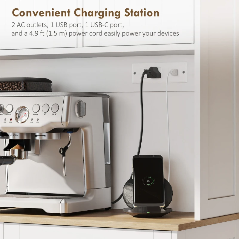 HOMCOM 68" Pantry Cabinet with Charging Station, Storage Cabinet with Microwave Stand, 10 Gallon Trash Can Cabinet, White