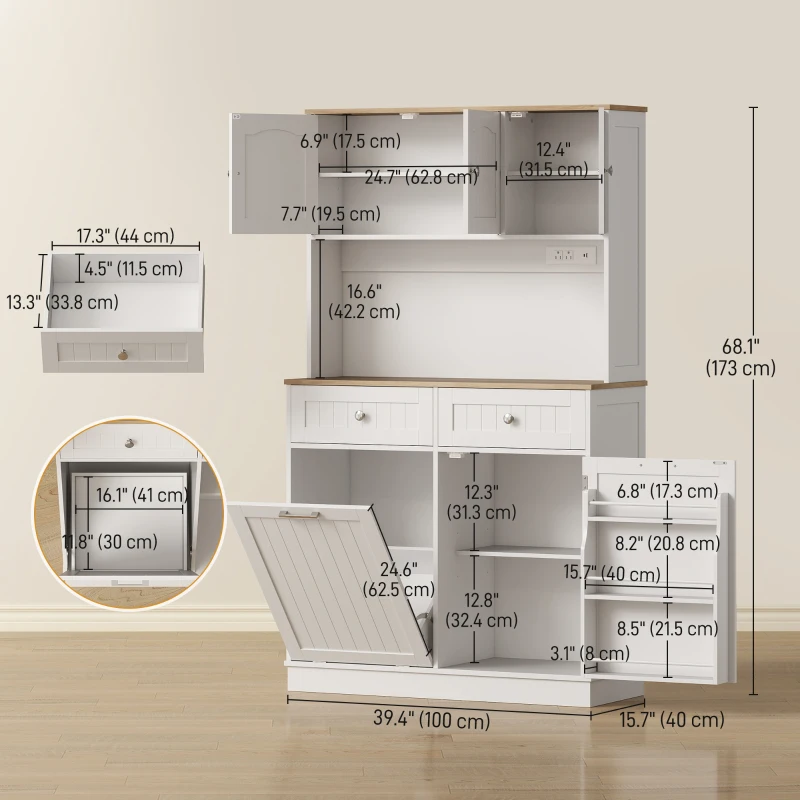 HOMCOM 68" Pantry Cabinet with Charging Station, Storage Cabinet with Microwave Stand, 10 Gallon Trash Can Cabinet, White