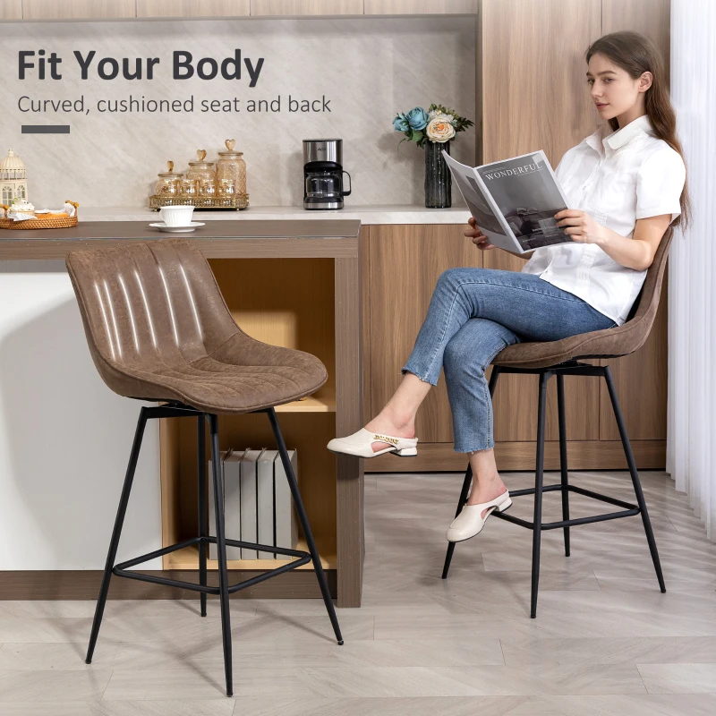 HOMCOM Set of 2 Counter Height Barstools, PU Leather Upholstered Bar Stools with Backrest, Footrest and Steel Legs, Brown